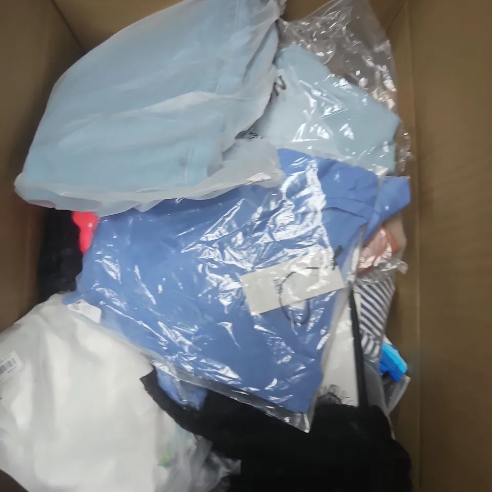 LARGE BOX OF APPROXIMATELY 25 ASSORTED CLOTHING ITEMS IN VARIOUS COLOURS, STYLES AND SIZES - COLLECTION ONLY