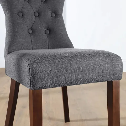 BOXED BEWLEY UPHOLSTERED BUTTONED BACK DINING CHAIRS SLATE FABRIC WITH DARK LEGS