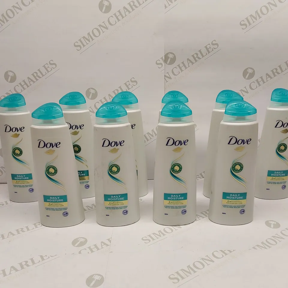 APPROXIMATELY 10 X BOTTLES OF DOVE DAILY MOISTURE 2 IN 1 SHAMPOO & CONDITIONER 