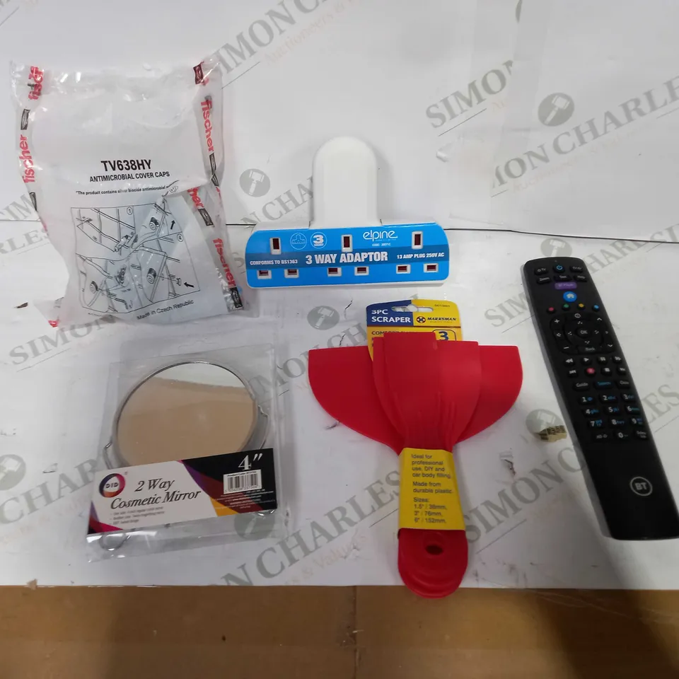 BOX OF APPROX 30 ASSORTED ITEMS TO INCLUDE - ANTIMICROBIAL COVER CAPS, 2 WAY COSMETIC MIRRORS, 3 WAY ADAPTORS ETC