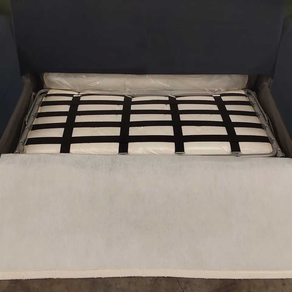 QUALITY DESIGNER 3 SEATER BLUE VELVET SOFA BED