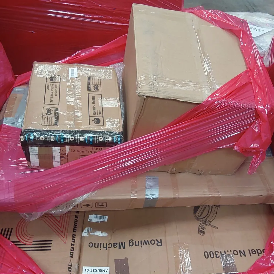 PALLET OF ASSORTED ITEMS INCLUDING: ROWING MACHINE, FOLDING EXERCISE BIKES, ADJUSTABLE DUMBELL SET ECT
