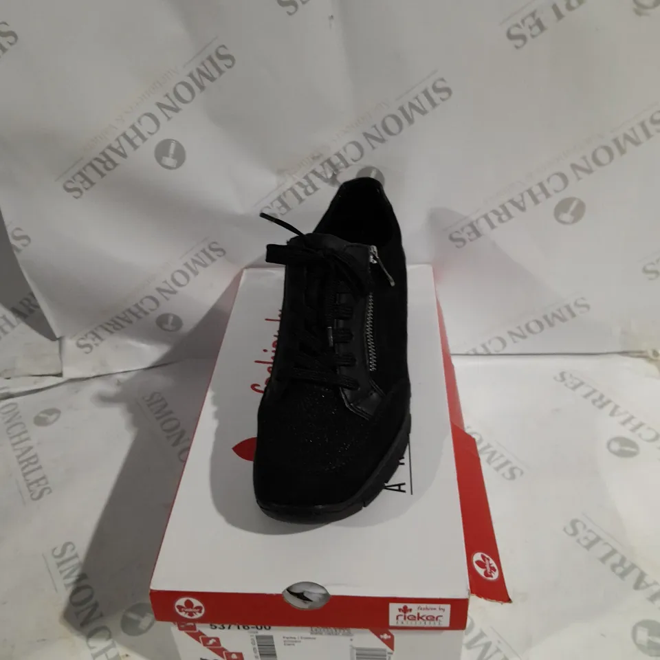 BOXED PAIR OF RIEKER WEDGE TRAINERS IN BLACK - SIZE 7.5