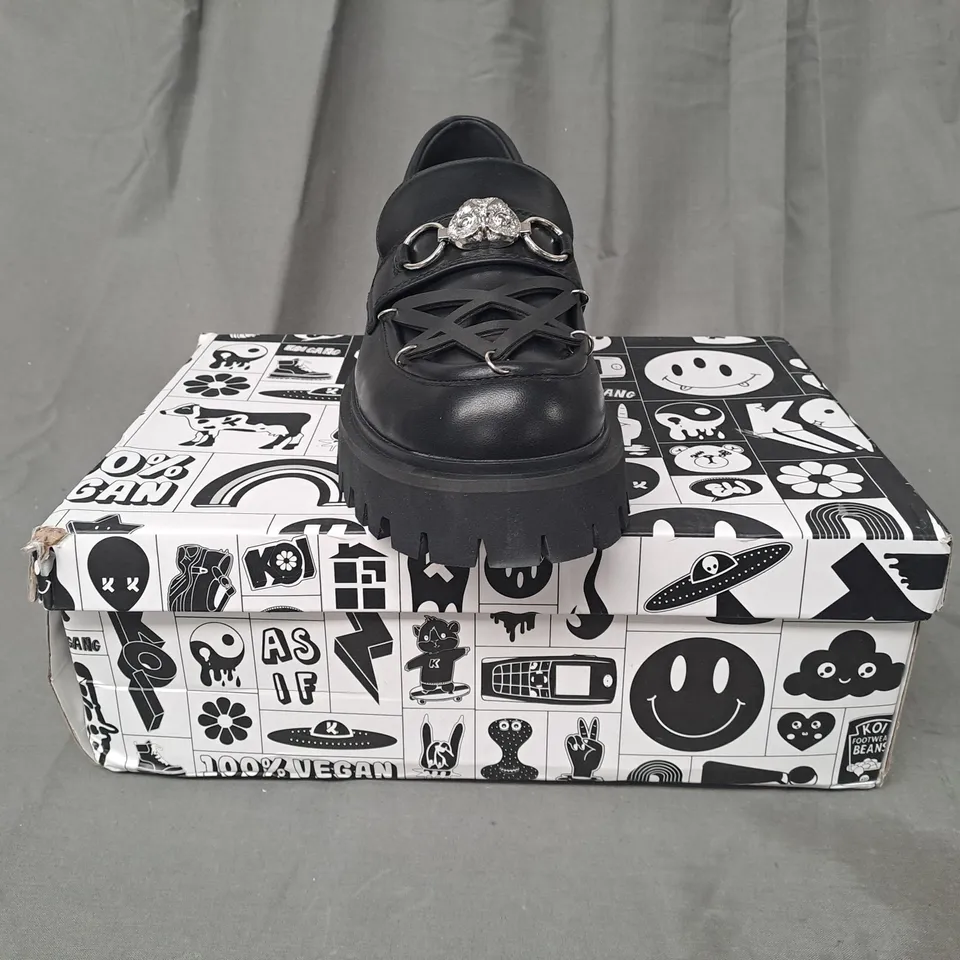 BOXED PAIR OF KOI VEGAN SILENT DUSK PENTAGRAM LOAFERS IN BLACK UK SIZE 7