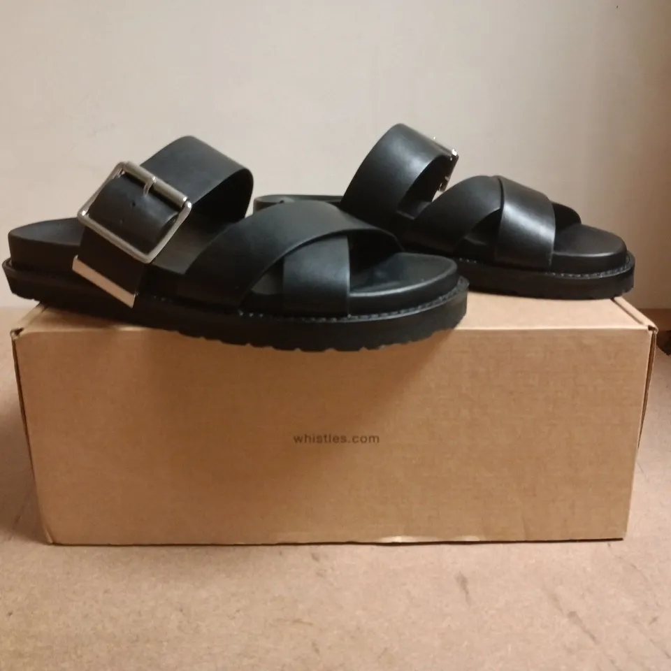 BOXED PAIR OF WHISTLES OPEN TOE SANDALS IN BLACK SIZE EU 38