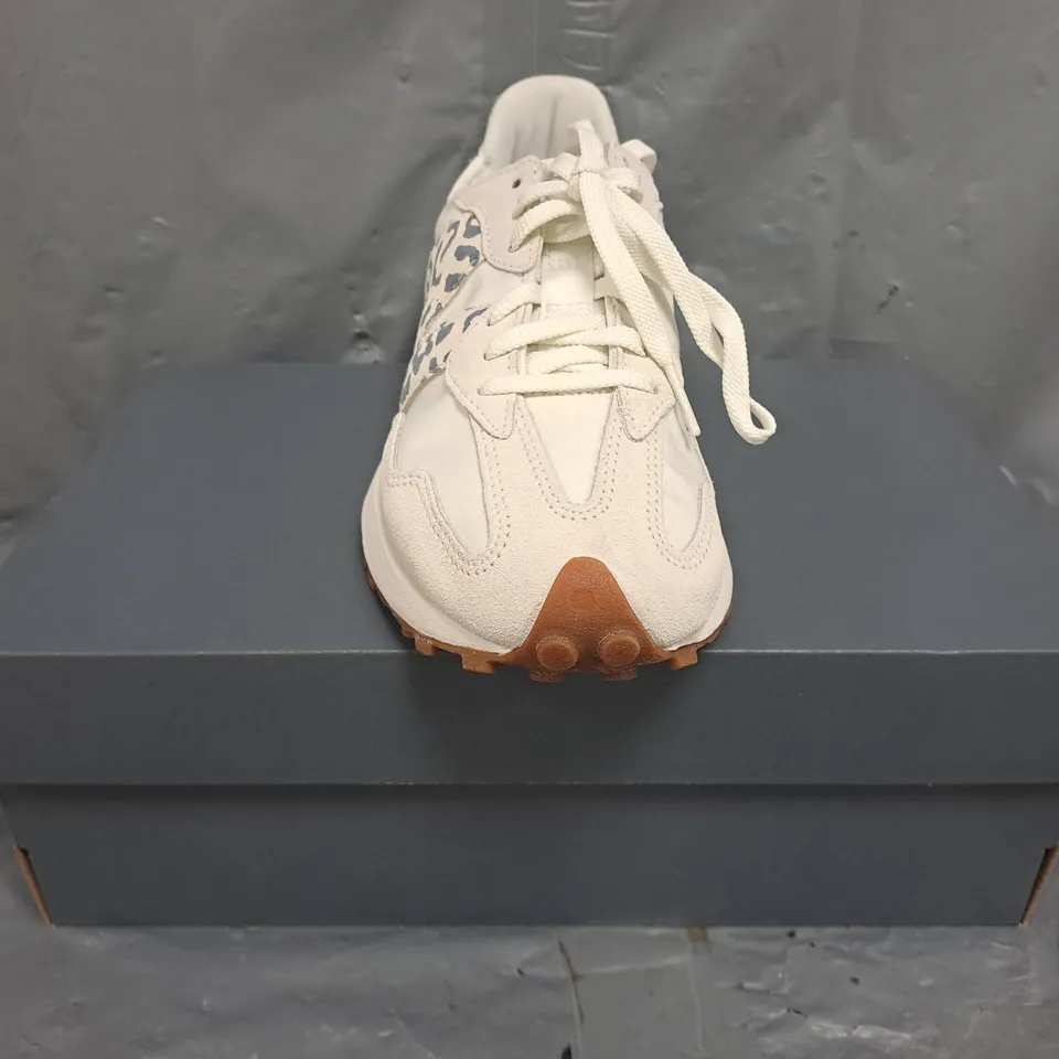 BOXED PAIR OF NEW BALANCE 327 TRAINERS IN OFF-WHITE/ANIMAL PRINT SIZE UK 5.5