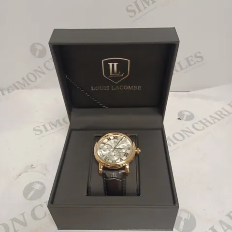 MENS LOUIS LACOMBE CHRONOGRAPH WATCH – MULTI FUNCTION DIAL WITH DATE – ROMAN NUMERAL DIAL – LEATHER STRAP – GIFT BOX