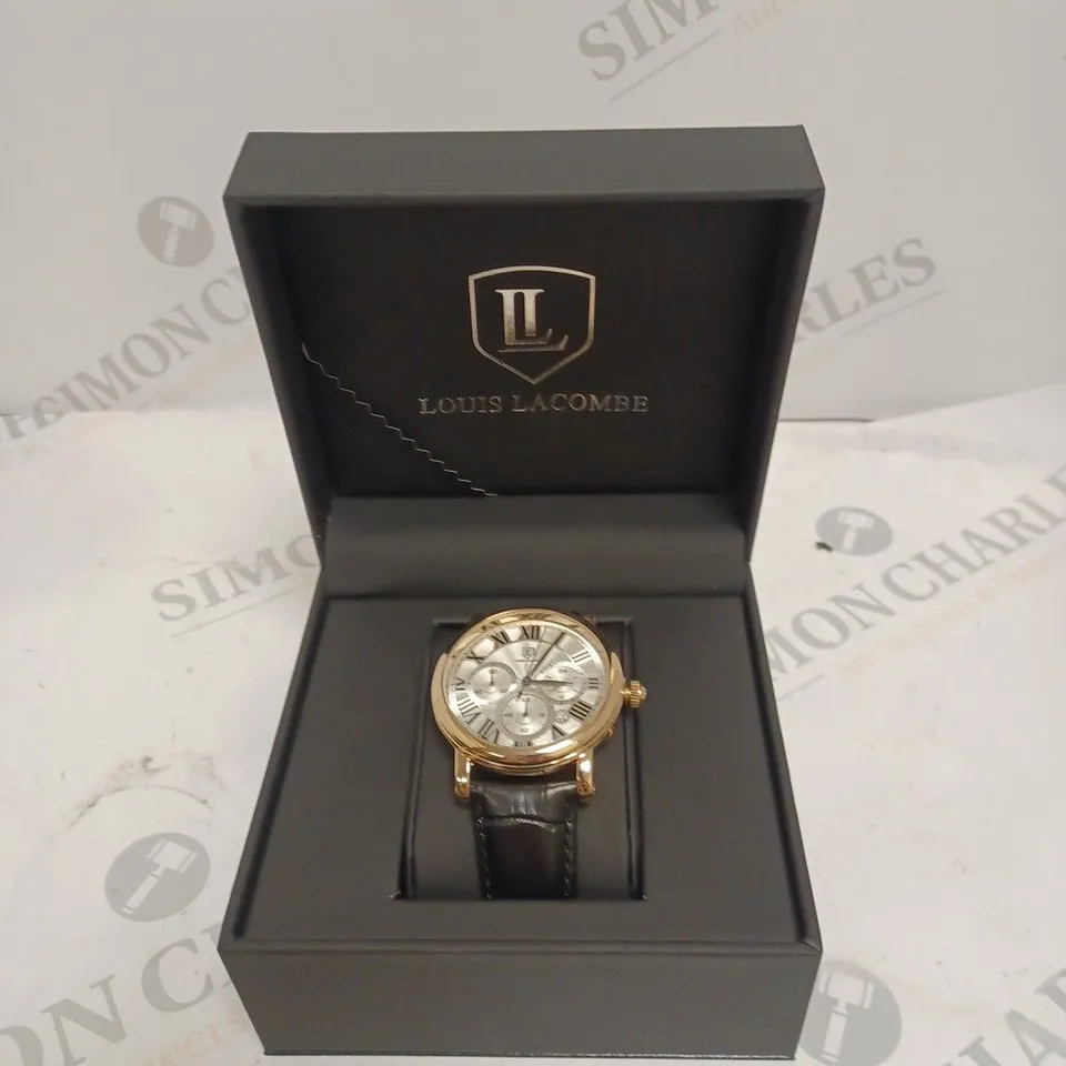 MENS LOUIS LACOMBE CHRONOGRAPH WATCH – MULTI FUNCTION DIAL WITH DATE – ROMAN NUMERAL DIAL – LEATHER STRAP – GIFT BOX