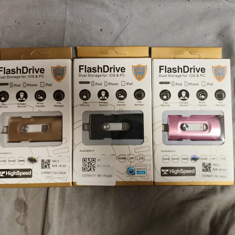 APPROXIMATELY 8 ASSORTED FLASHDRIVE DUAL STORAGE FOR IOS & PC – 256GB USB/LIGHTNING DRIVES IN VARIOUS COLOURS