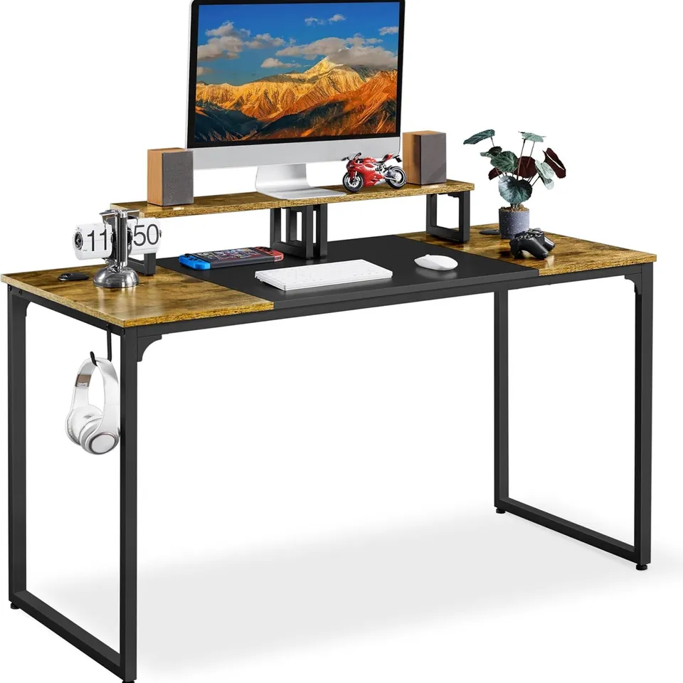 BOXED YAHEETECH LARGE COMPUTER DESK WITH MOVABLE MONITOR STANDS - RUSTIC BROWN