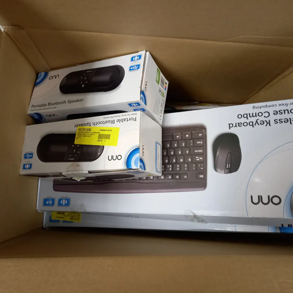 LOT OF APPROXIMATELY 8 ASSORTED PIECES OF 'ONN' ELECTRICALS AND PERIPHERALS TO INCLUDE 2 PORTABLE BLUETOOTH SPEAKERS, DAB+/FM RADIO, 3FT AUXILLARY CABLE, ETC