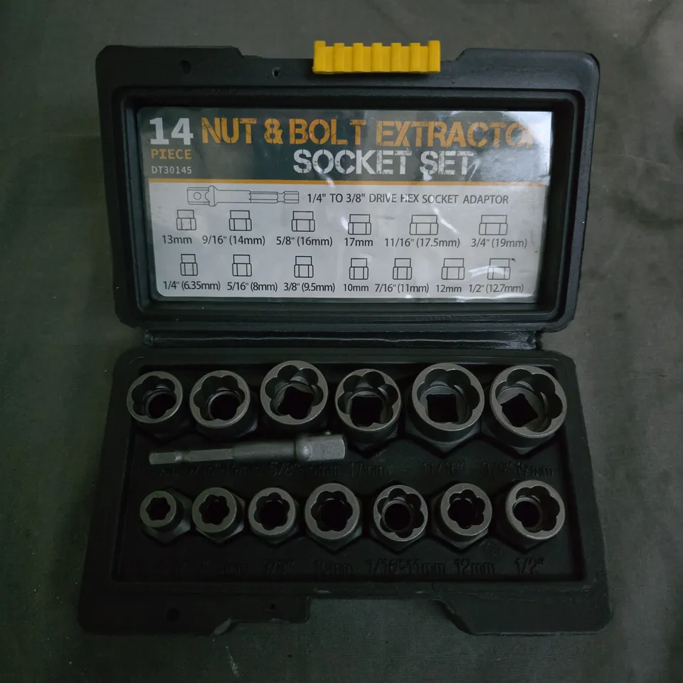 DT30145 14-PIECE NUT & BOLT EXTRACTOR SOCKET SET WITH 1/4-3/8 DRIVE ADAPTOR