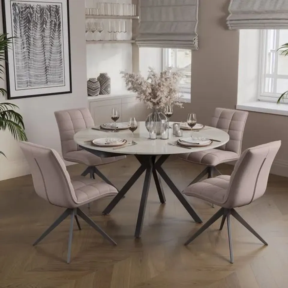 BOXED INDUS VALLEY CAMDEN 4-6 SEATER TRAVERTINE ROUND EXTENDABLE DINING TABLE (2 BOXES)