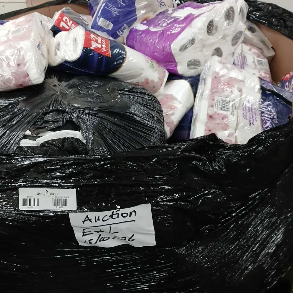 PALLET OF APPROXIMATELY 40 ASSORTED ITEMS TO INCLUDE TOILET ROLL, HEADBOARD, CLOTHING, ETC - COLLETCION ONLY