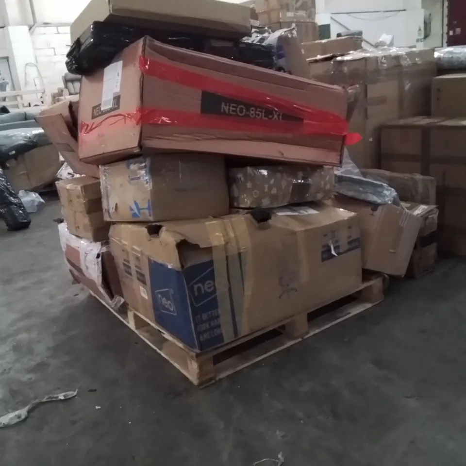 PALLET OF NEO PRODUCTS AND OTHER ASSORTED HOUSEHOLD GOODS TO INCLUDE;GAMING CHAIR LED,WHEEL BARROW,HEATED BLANKET,SHELVING UNIT