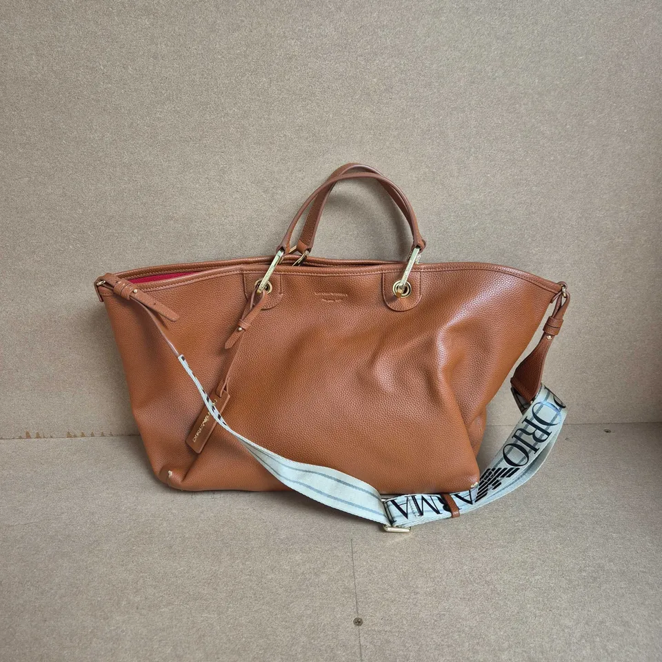 EMPORIO ARMANI BROWN PEBBLED LEATHER HANDBAG WITH DETACHABLE BRANDED STRAP