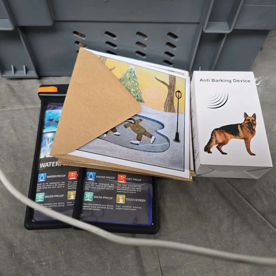 BOX OF ASSORTED ITEMS TO INCLUDE - FISH FOOD - CARDS - WATER PROOF PHONE CASE 