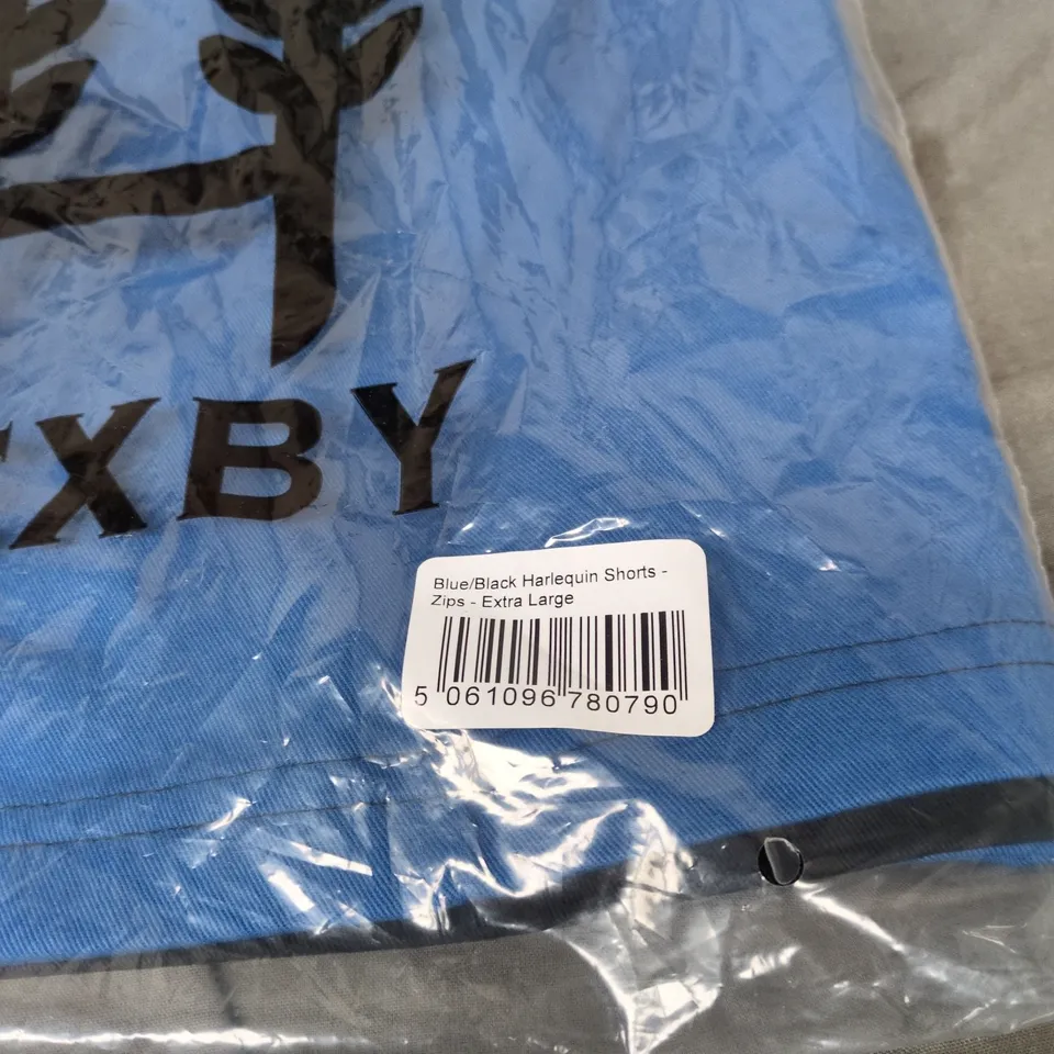 HEXBY BLUE/BLACK HARLEQUIN SHORTS – EXTRA LARGE