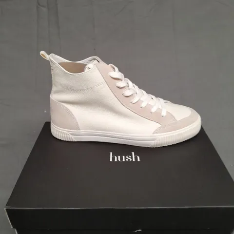 BOXED PAIR OF HUSH AUDEN HI TOP TRAINERS WHITE SIZE 40