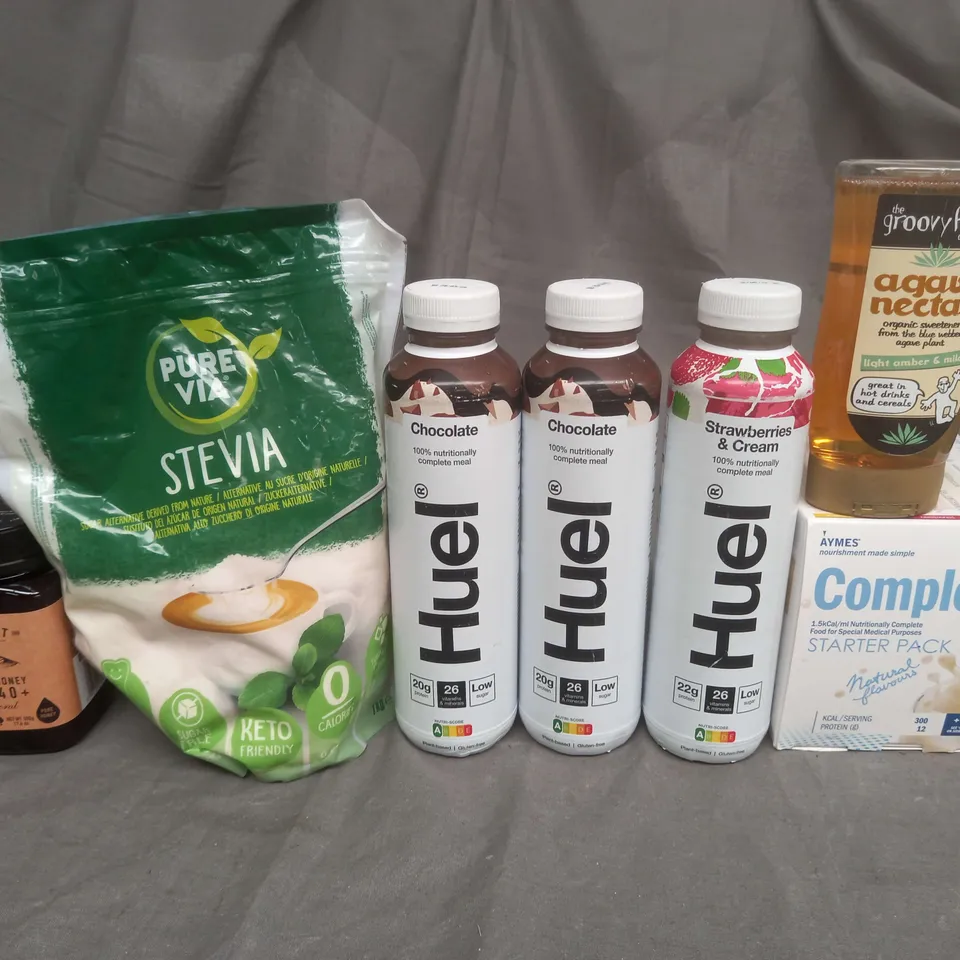 APPROXIMATEY 12 ASSORTED FOOD AND DRINK ITEMS TO INCLUDE HUEL, AGAVE NECTAR, HONEY, AYMES AND PURE VIA - COLLECTION ONLY