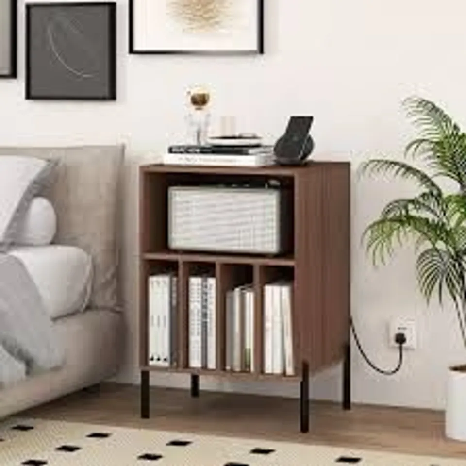 BOXED RECORD PLAYER STAND WITH CHARGING STATION AND 5 STORAGE COMPARTMENTS - NATURAL 