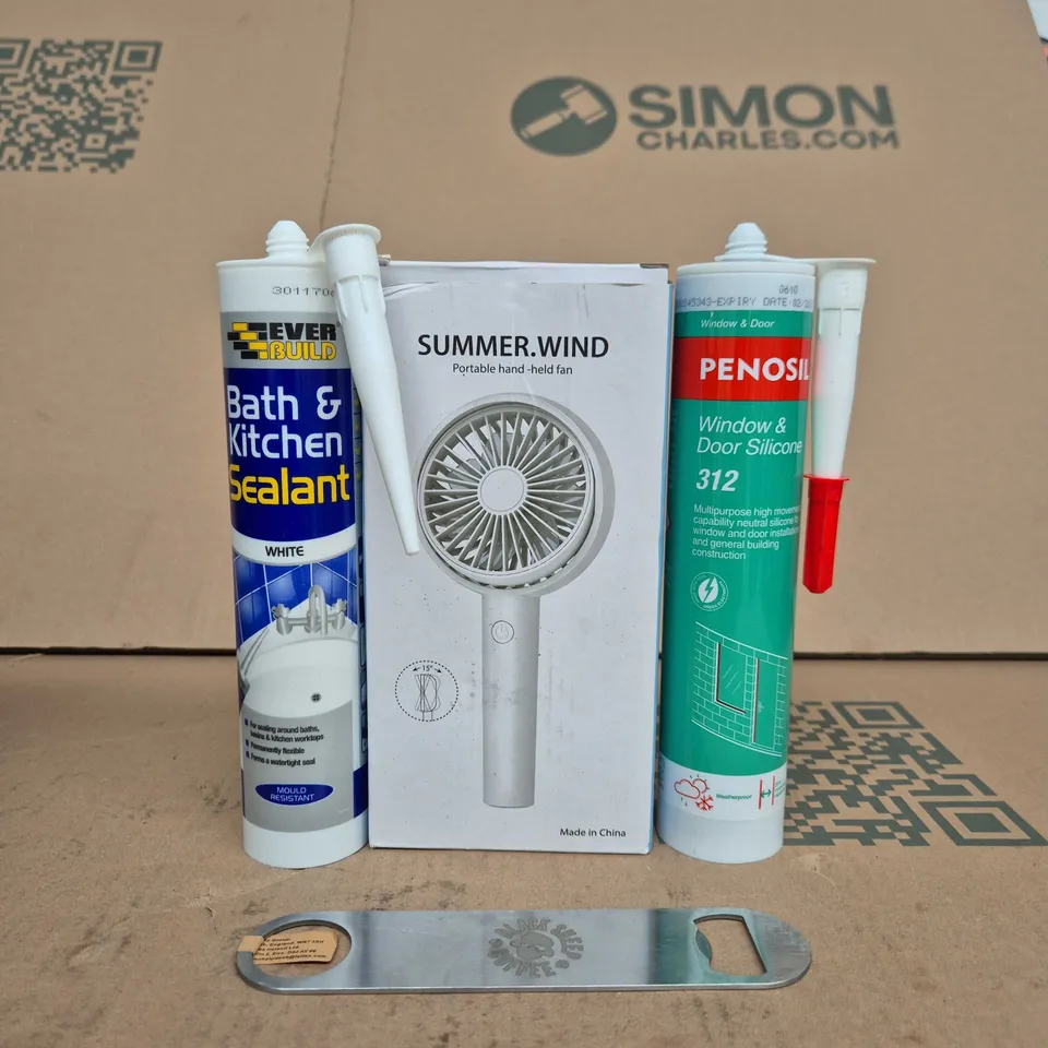 TOTE OF APPROXIMATELY 10 ASSORTED ITEMS INCLUDING HAND-HELD FAN, PENOSIL WINDOW & DOOR SILICONE AND EVER BUILD BATH & KITCHEN SEALANT
