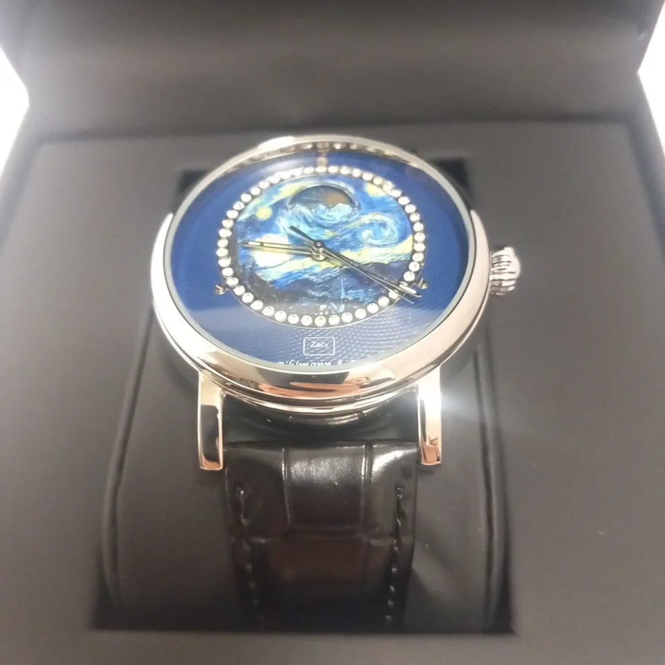 MENS ZIHLMANN & CO AUTOMATIC WATCH – Z150 – MOONPHASE DIAL – GLASS EXHIBITION BACKCASE - SILVER COLOUR CASE – BLACK LEATHER STRAP