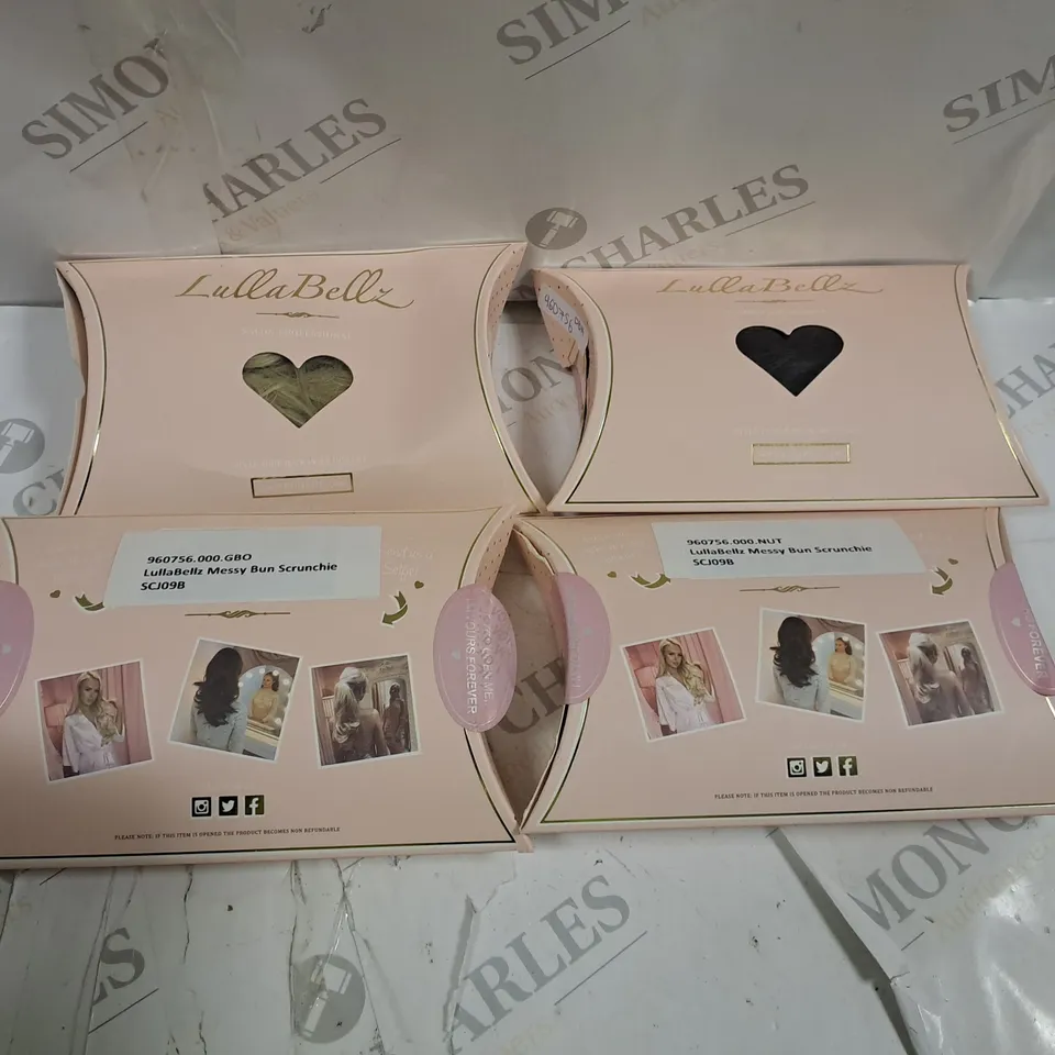 BOX OF LULLA BELLZ MESSY BUN SCRUNCHIE TO INCLUDE CHESTNUT,BLONDE, SILVER ETC