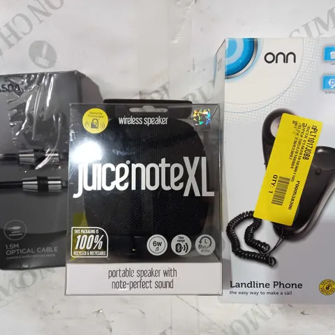 BOX OF APPROXIMATELY 20 ASSORTED ELECTRICAL ITEMS TO INCLUDE ONN LANDLINE PHONE, JUICENOTE XL SPEAKER, ASDA TECH OPTICAL CABLE, ETC