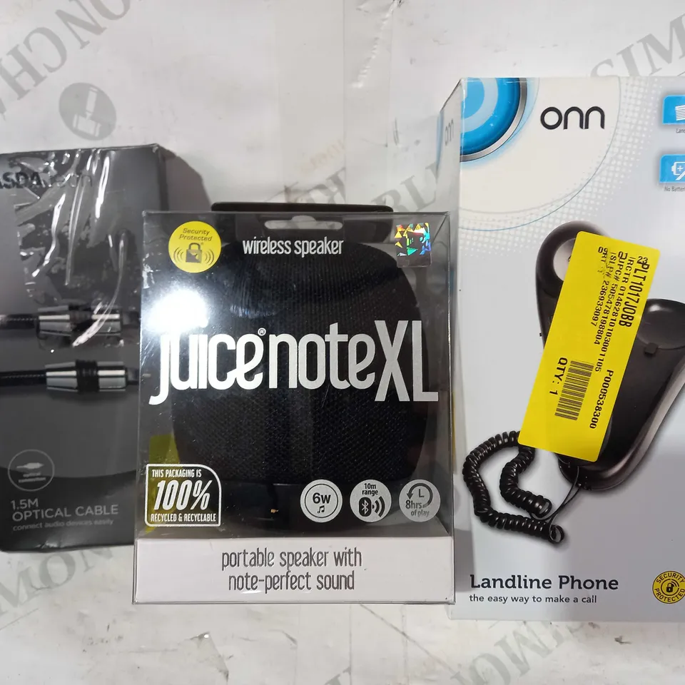 BOX OF APPROXIMATELY 20 ASSORTED ELECTRICAL ITEMS TO INCLUDE ONN LANDLINE PHONE, JUICENOTE XL SPEAKER, ASDA TECH OPTICAL CABLE, ETC