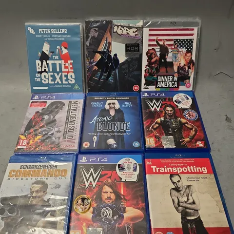 TOTE OF APPROXIMATELY 18 ASSORTED DVD'S & GAMES TO INCLUDE - PS4 W2K18 , THE BATTLE OF THE SEXES , DINNER IN AMERICA ETC