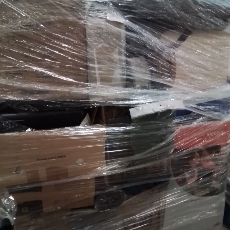 PALLET OF ASSORTED HOUSEHOLD GOODS AND PRODUCTS TO INCLUDE;CAMPING TROLLEY,BABY CAR SEAT,FAN,SUITCASE
