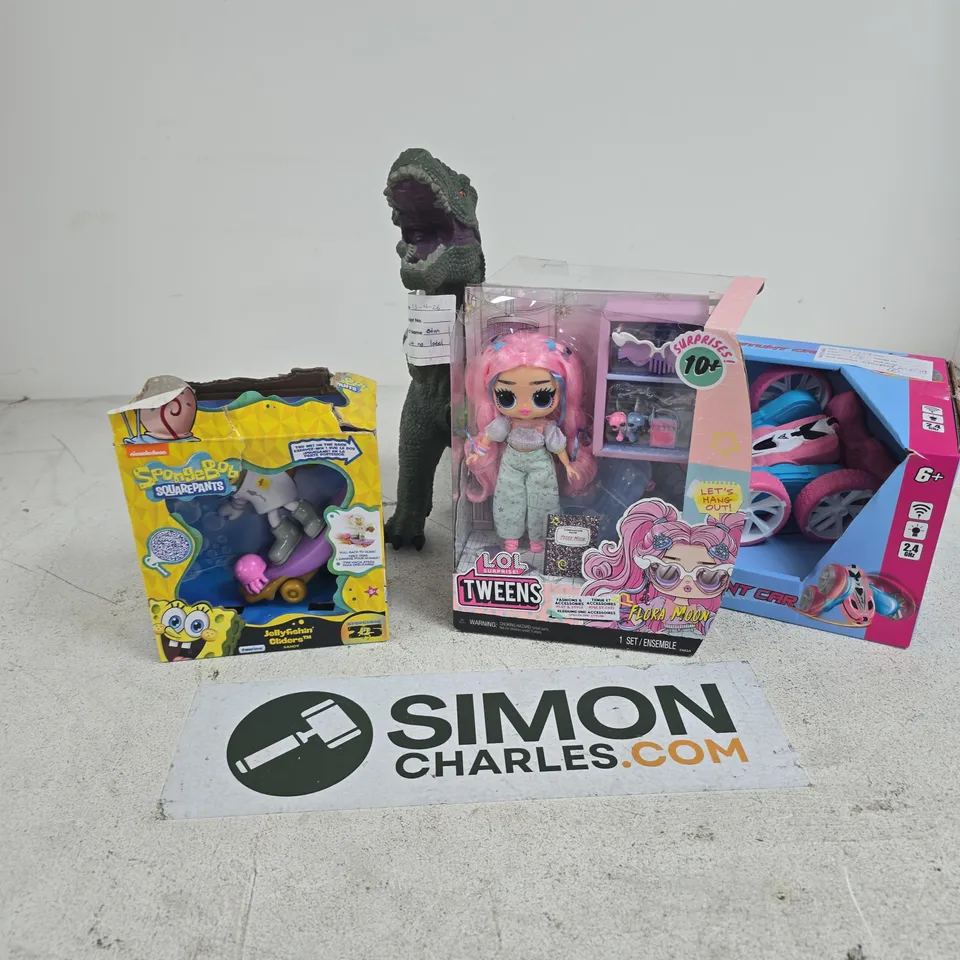 APPROXIMATELY 15 ASSORTED TOYS & GAMES PRODUCTS TO INCLUDE 360 RC STUNT CAR, SPONGEBOB JELLYFISHIN GLIDERS, DINOSAUR TOY, ETC