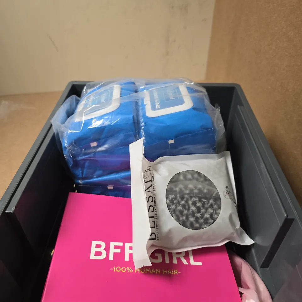 APPROXIMATELY 10 ASSORTED COSMETIC ITEMS INCLUDING BFF GIRL 100% HUMAN HAIR AND EXFOLIATING SHOWER TOWEL