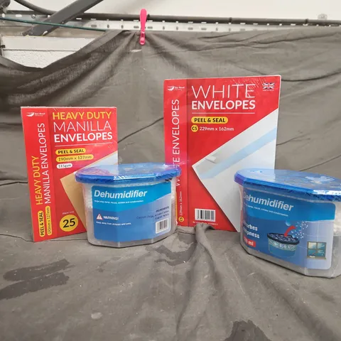 APPROXIMATELY 12 ASSORTED HOUSEHOLD ITEMS TO INCLUDE DEHUMIDIFIER, MANILLA ENVELOPES, WHITE ENVELOPES