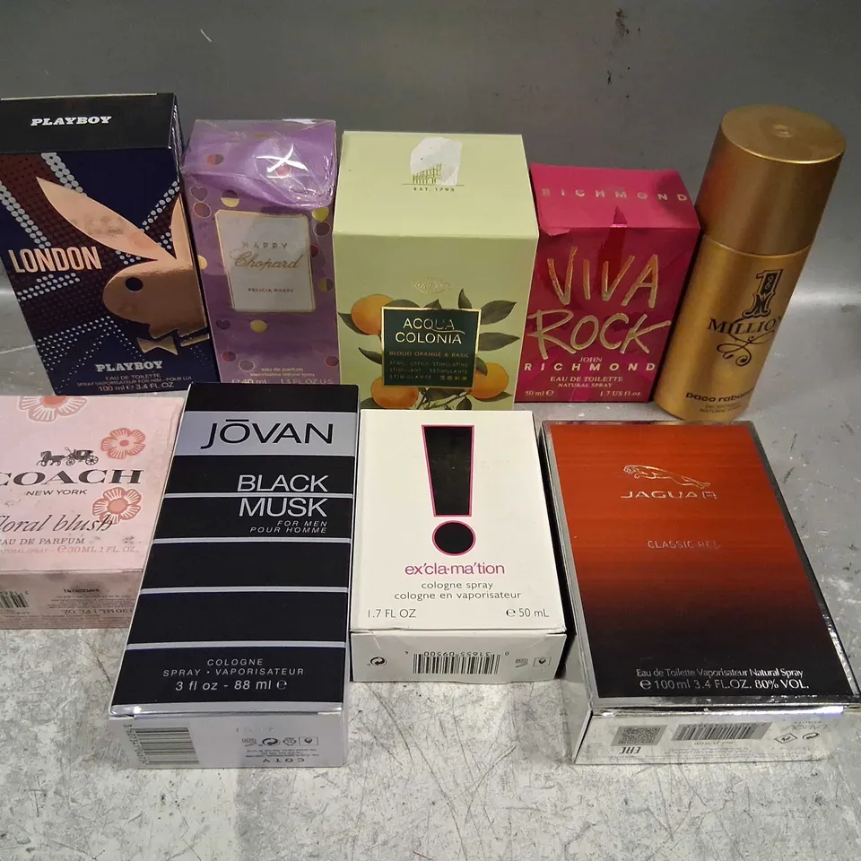 APPROXIMATELY 20 ASSORTED FRAGRANCES TO INCLUDE; PACO RABANNE, JAGUAR, JOVAN, COACH, ACQUA COLONIA AND PLAYBOY