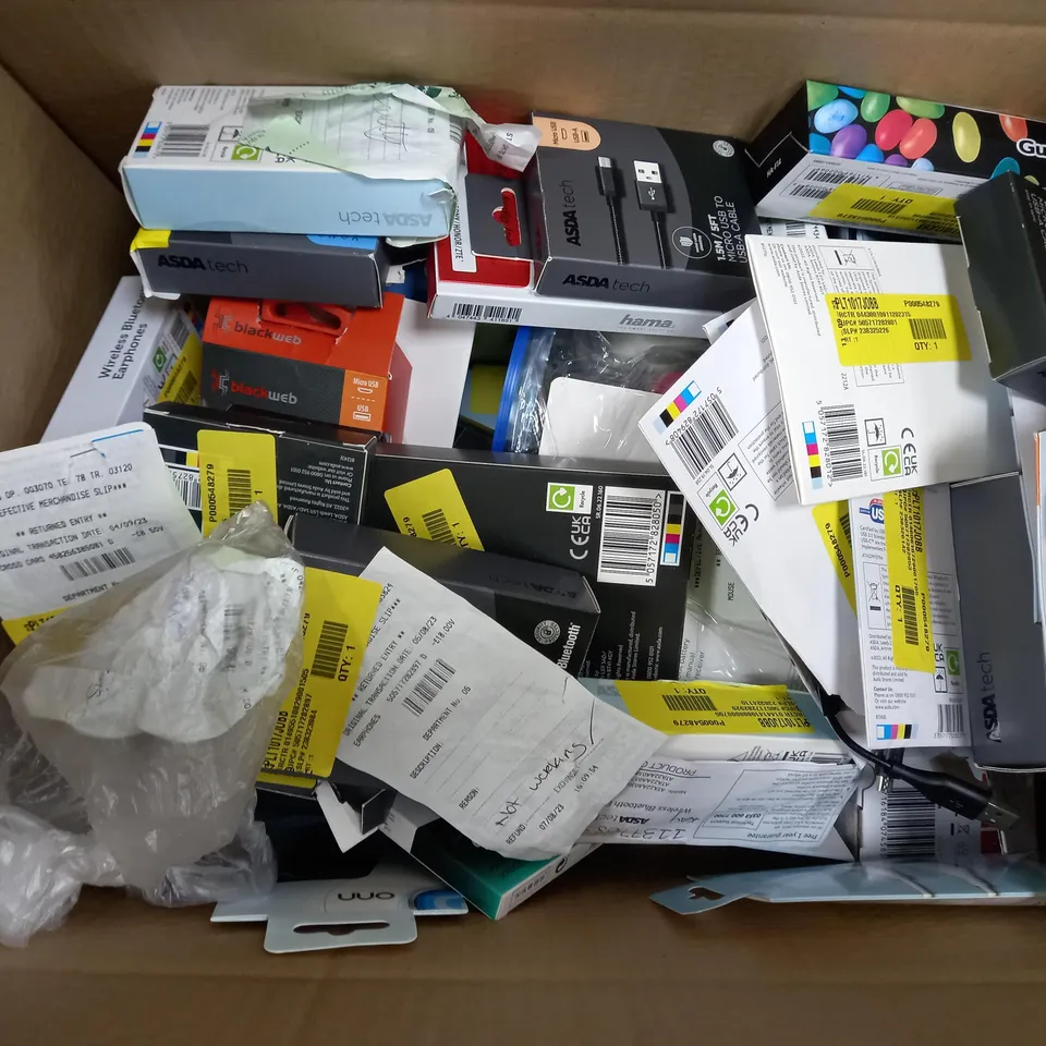 BOX OF APPROXIMATELY 30 ASSORTED ELECTRICALS TO INCLUDE ONE FOR ALL REMOTE, TRUE WIRELESS EARBUDS, BLACKWEB CABLES, ETC