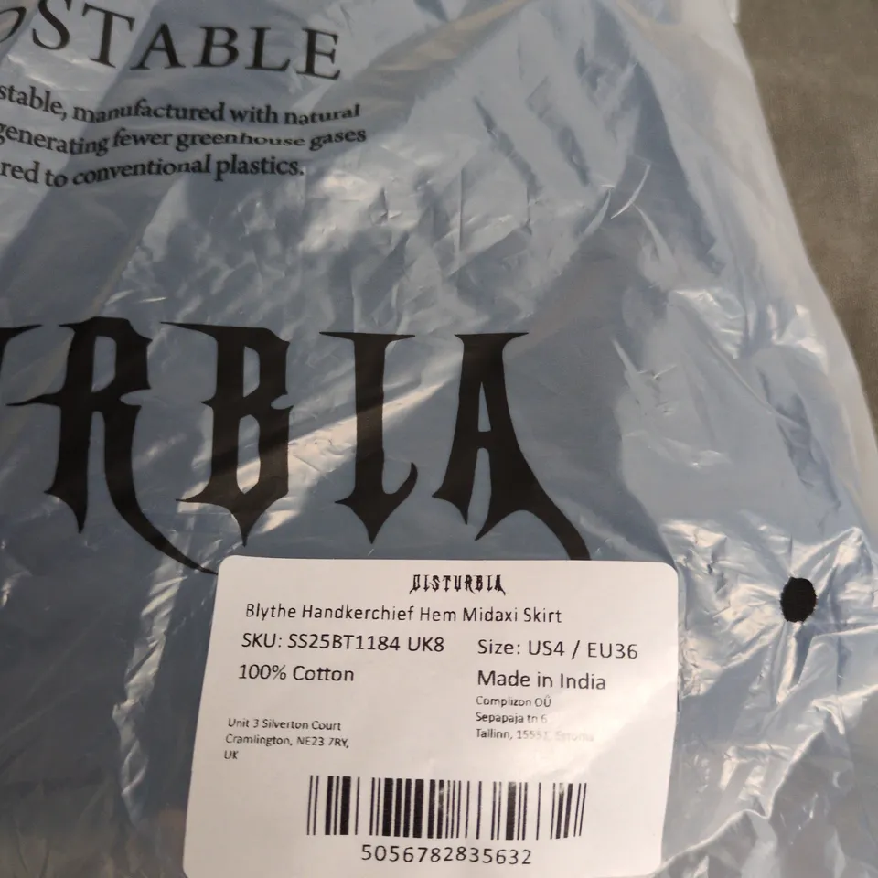 DISTURBIA BLYTHE HANDKERCHIEF HEM MIDAXI SKIRT – UK 8 (US 4 / EU 36)