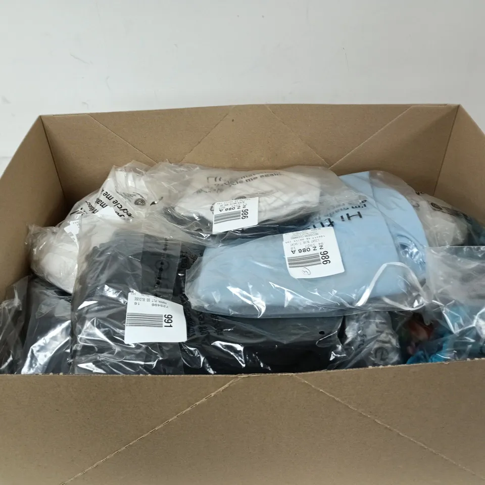 BOX OF APPROXIMATELY 20 ASSORTED CLOTHING ITEMS OF VARIOUS STYLES AND SIZES TO INCLUDE SWIMSUIT, BRAS, LIGHT BLUE T SHIRT ETC