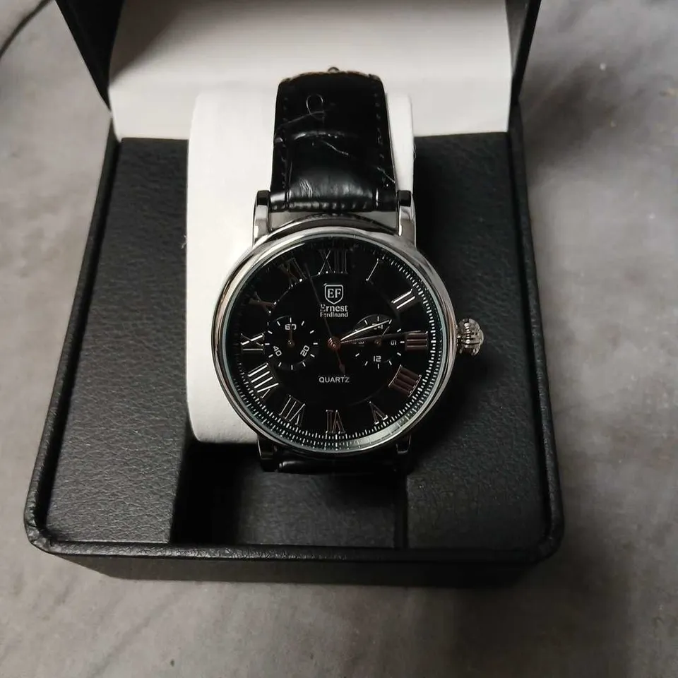 ERNEST FERDINAND QUARTZ WRISTWATCH – BLACK DIAL, ROMAN NUMERALS, LEATHER STRAP – BOXED