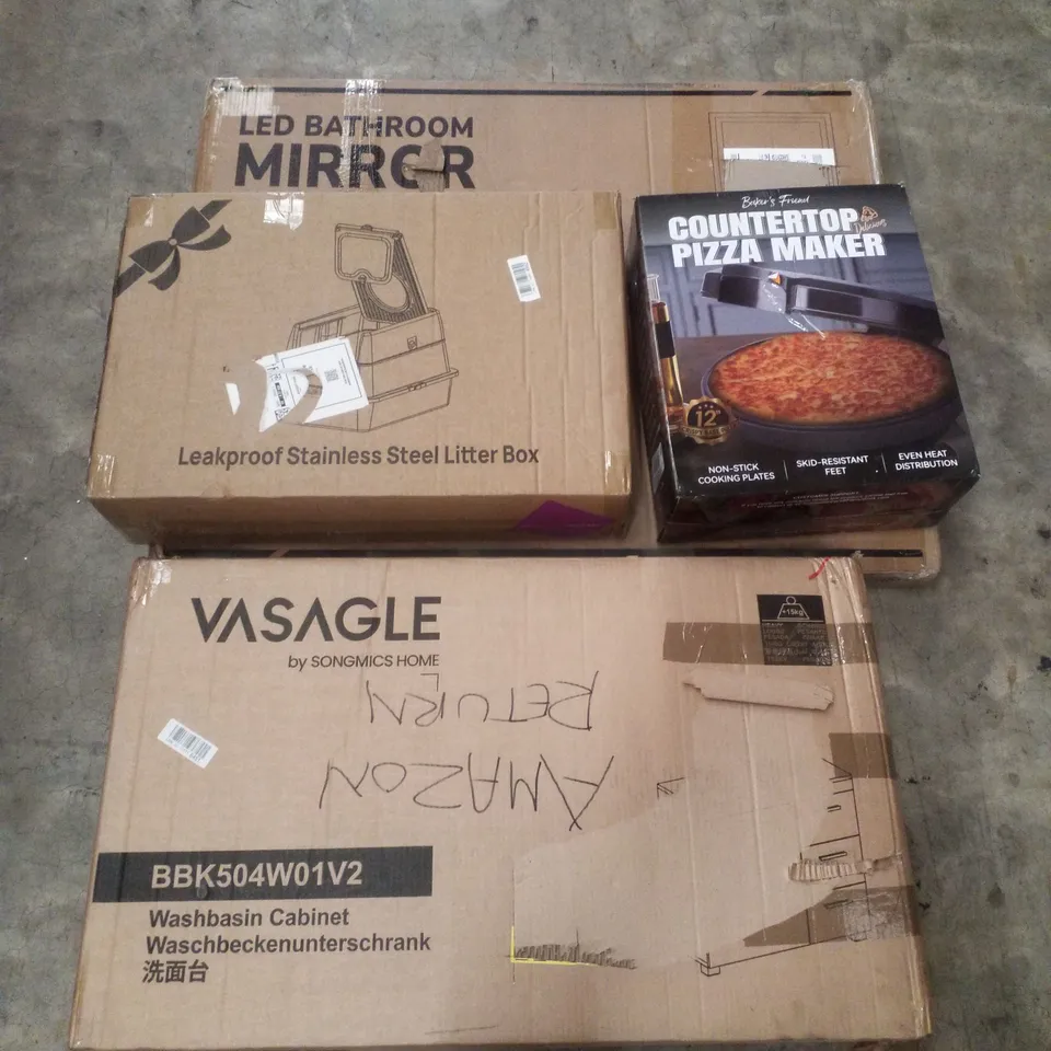 PALLET CONTAINING ASSORTED PRODUCTS INCLUDING LED BATHROOM MIRROR, COUNTERTOP PIZZA MAKER, STAINLESS STEEL LITTER BOX & WASHBASIN CABINET
