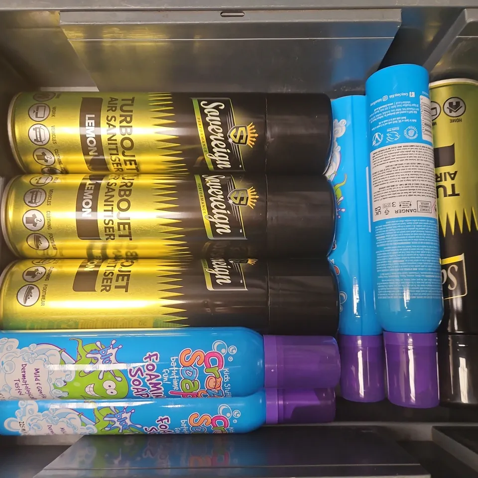 APPROXIMATELY 12 ASSORTED AEROSOLS TO INCLUDE NATURAL ITEC SPRAY, CRAZY FOAMING SOAP, SOVEREIGN TURBOJET AIR SANITISER - COLLECTION ONLY