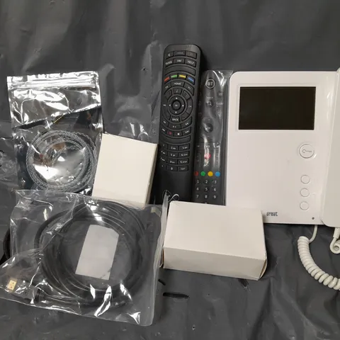 APPROXIMATELY 14 ASSORTED HOUSEHOLD ITEMS TO INCLUDE TV REMOTES, URMET WALL PHONE, WIRES, ETC