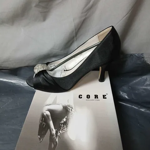 CORE COLLECTION BLACK SATIN PEEP-TOE HEELS, UK 4 (EU 37)