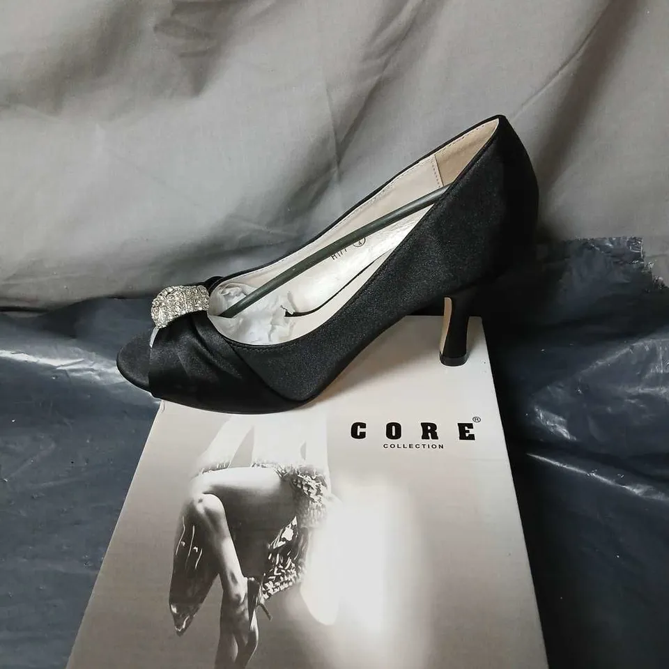 CORE COLLECTION BLACK SATIN PEEP-TOE HEELS, UK 4 (EU 37)