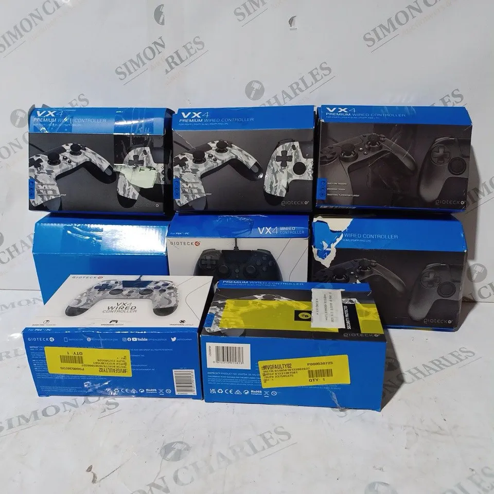 BOX OF 8 ASSORTED BOXED GIOTECK VX4 WIRED CONTROLLERS IN VARIOUS COLOURS