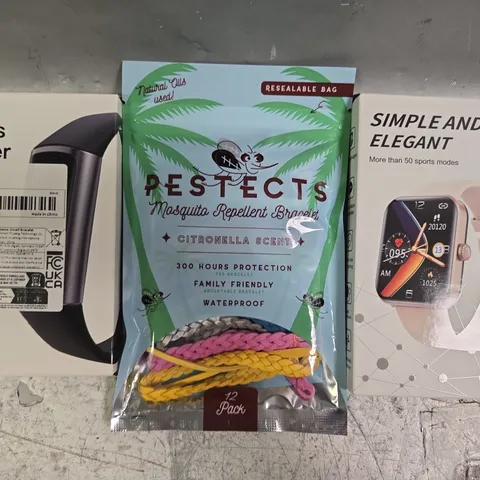 APPROXIMATELY 10 ASSORTED ITEMS TO INCLUDE FITNESS TRACKER, MOSQUITO REPELLENT BRACELETS, ETC