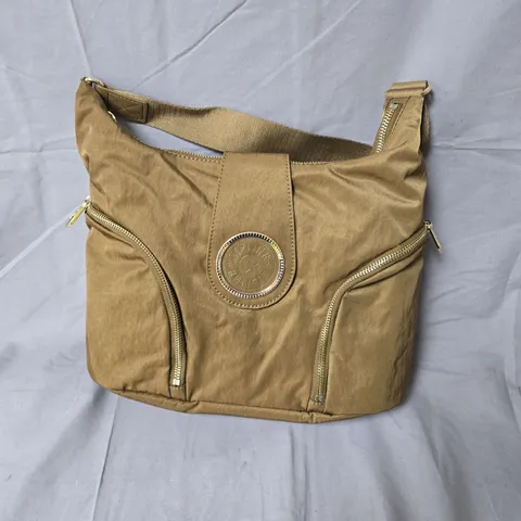 KIPLING CROSSBODY BAG – TAN NYLON WITH SIGNATURE ROUND LOGO DISC