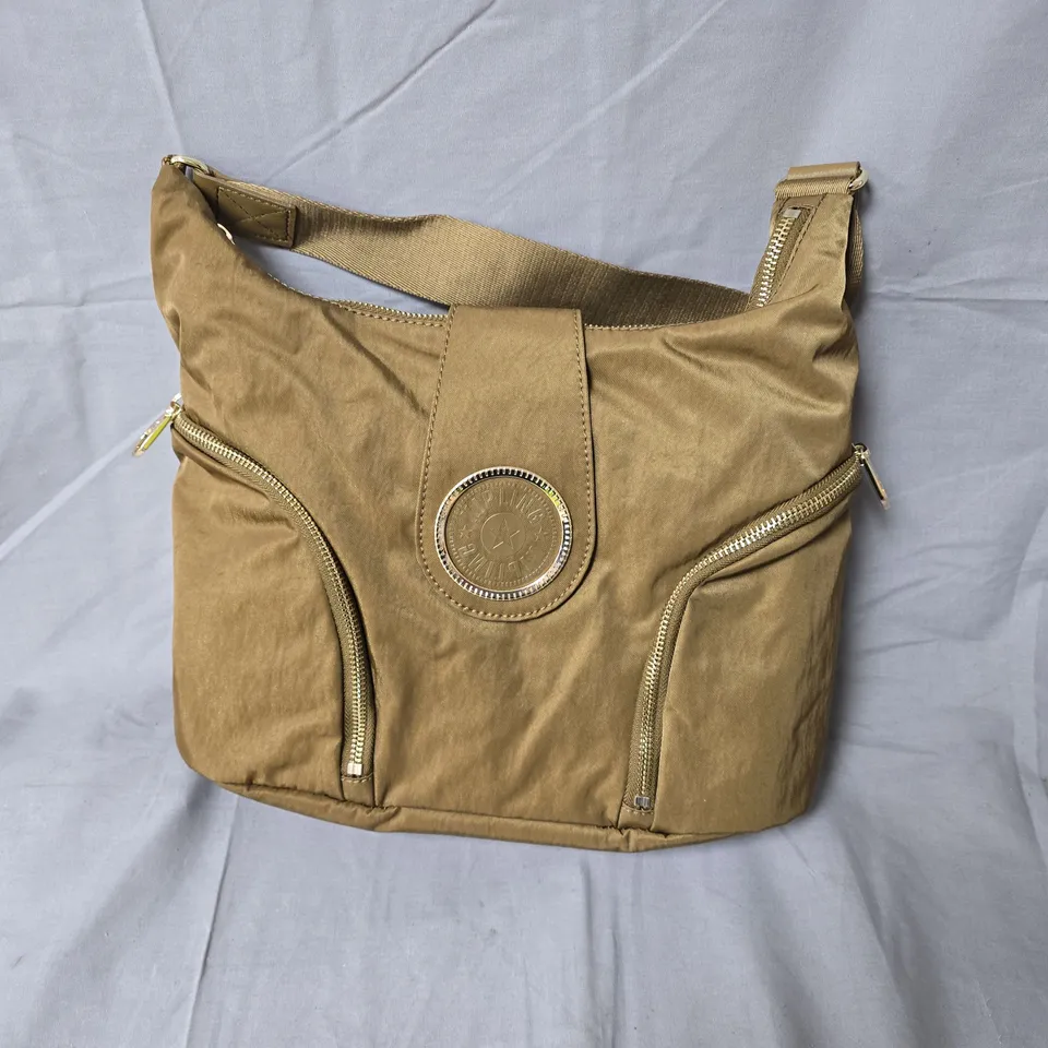 KIPLING CROSSBODY BAG – TAN NYLON WITH SIGNATURE ROUND LOGO DISC