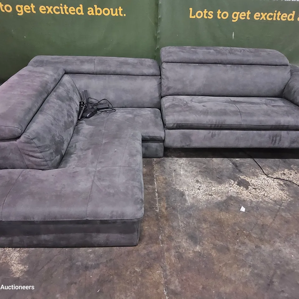 DESIGNER ITALIAN STYLE POWER RECLINING CHAISE SOFA GREY PLUSH FABRIC 